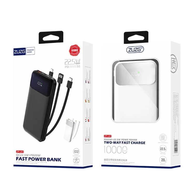 ZUZG ZP-J41 Digital Display Cabled Power Bank Portable Phone Charger 10000mAh External Battery Pack - White