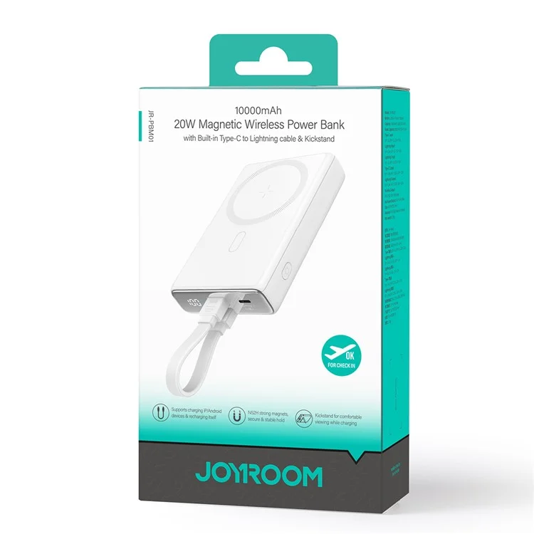 JOYROOM JR-PBM01 PD 20W 10000mAh Power Bank Magnético Inalámbrico Cargador con Cable Incorporado / Soporte - Blanco
