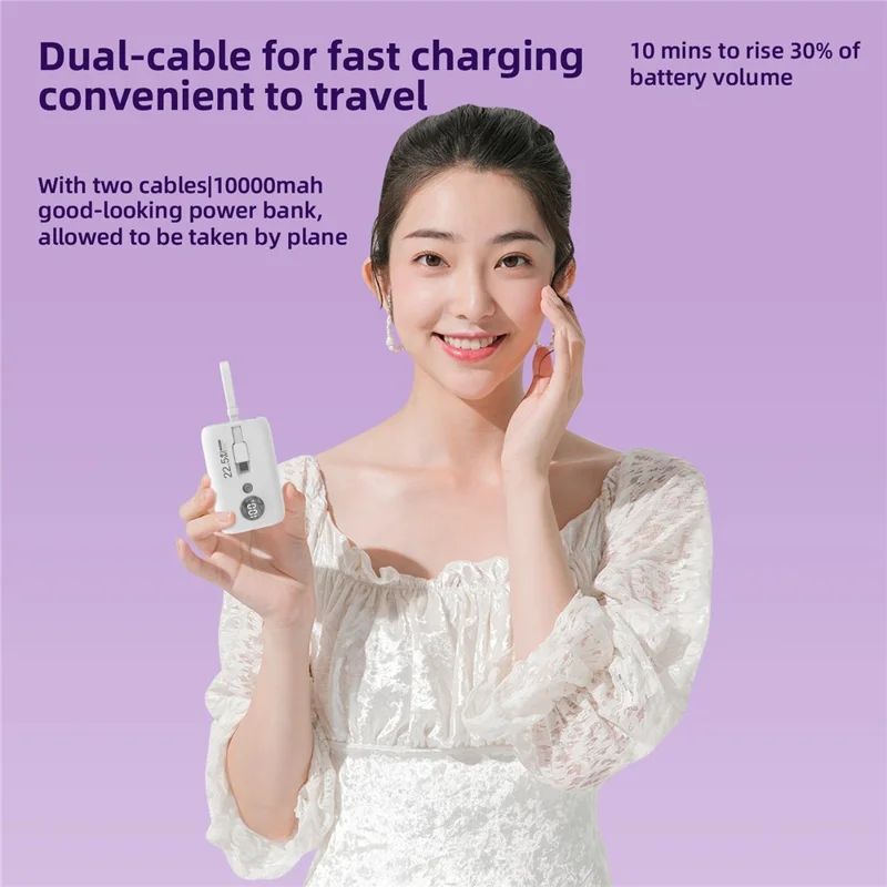 ROISKIN K0092 10000mAh Cabled Power Bank Digital Display Portable Phone Battery Pack - White