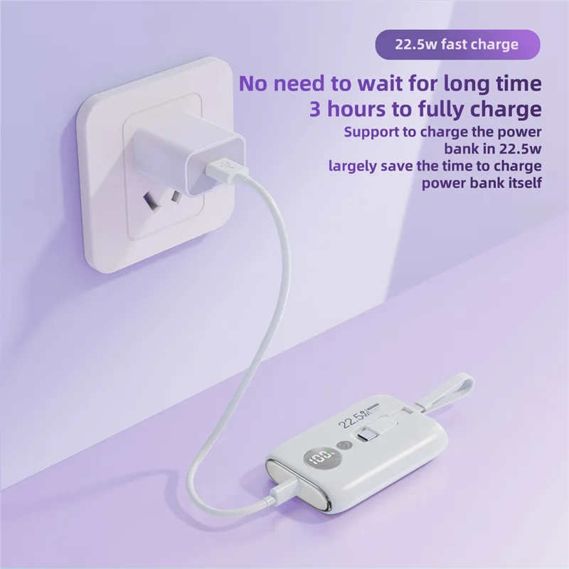 ROISKIN K0092 10000mAh Cabled Power Bank Digital Display Portable Phone Battery Pack - White