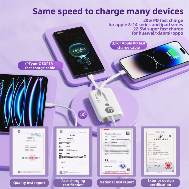 ROISKIN K0092 10000mAh Cabled Power Bank Digital Display Portable Phone Battery Pack - White