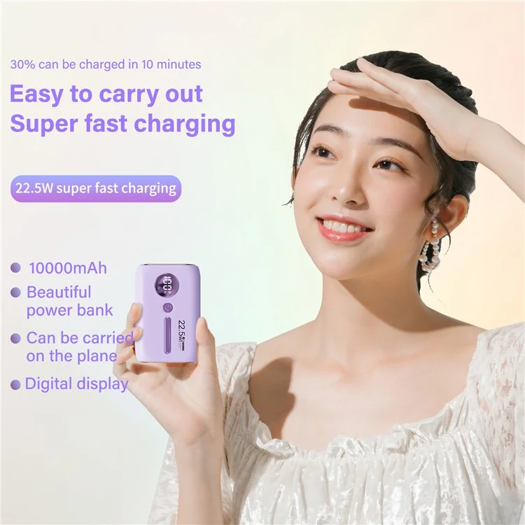 ROISKIN K0093 10000mAh Portable Power Bank Digital Display Cell Phone External Battery Pack - Purple