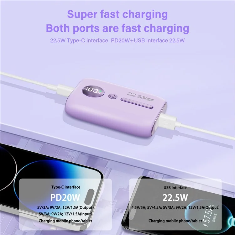 ROISKIN K0093 10000mAh Portable Power Bank Digital Display Cell Phone External Battery Pack - Purple
