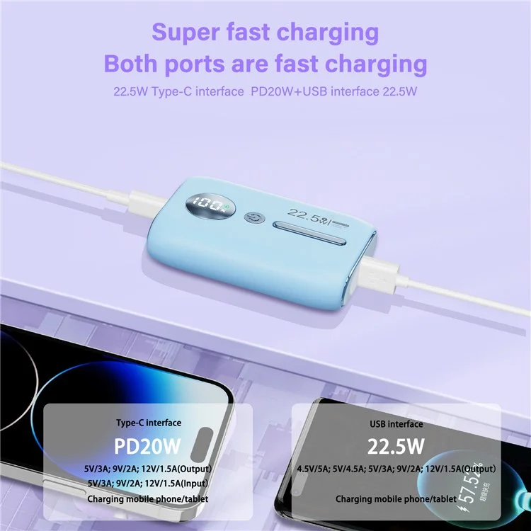 ROISKIN K0093 10000mAh Portable Power Bank Digital Display Cell Phone External Battery Pack - Sky Blue