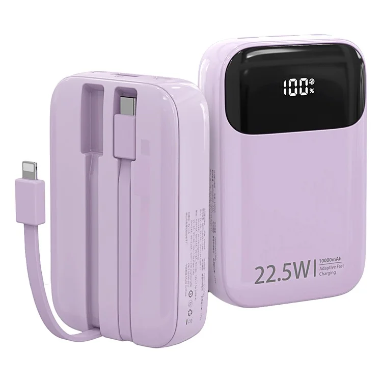 ROISKIN K0087 10000mAh Cabled Power Bank Pantalla Digital Cargador Portátil de Teléfono Batería Externa - Púrpura