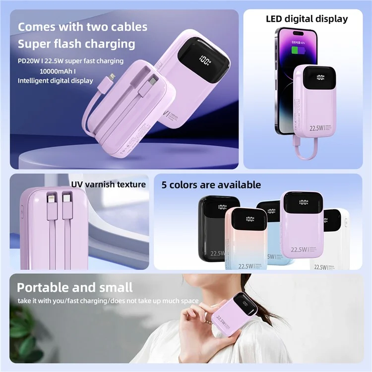 ROISKIN K0087 10000mAh Cabled Power Bank Pantalla Digital Cargador Portátil de Teléfono Batería Externa - Púrpura