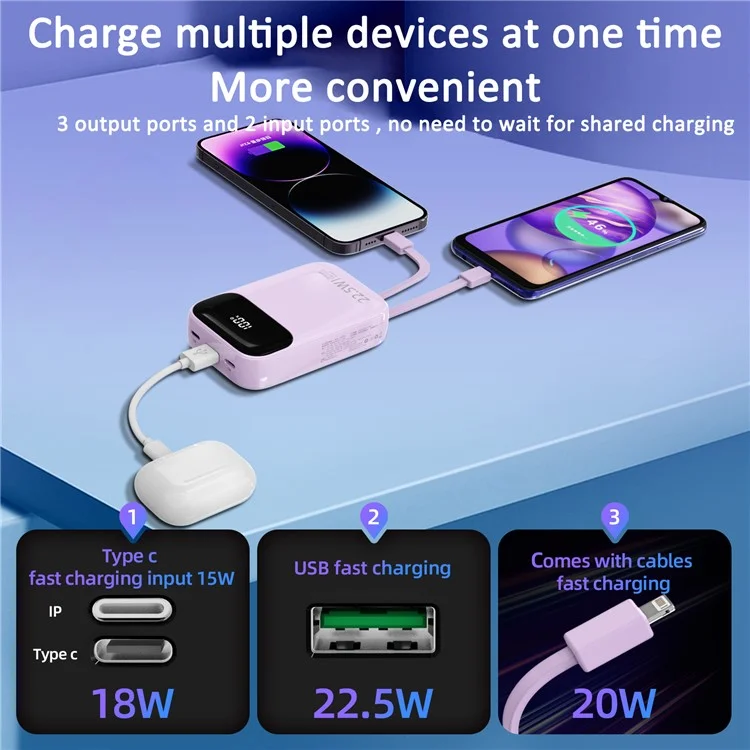 ROISKIN K0087 10000mAh Cabled Power Bank Pantalla Digital Cargador Portátil de Teléfono Batería Externa - Púrpura