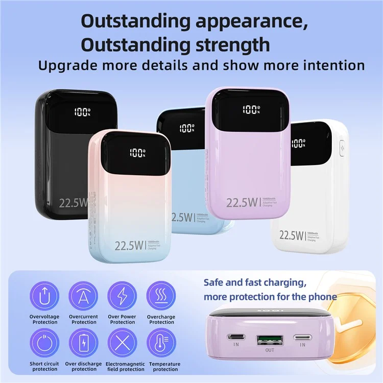 ROISKIN K0087 10000mAh Cabled Power Bank Pantalla Digital Cargador Portátil de Teléfono Batería Externa - Púrpura