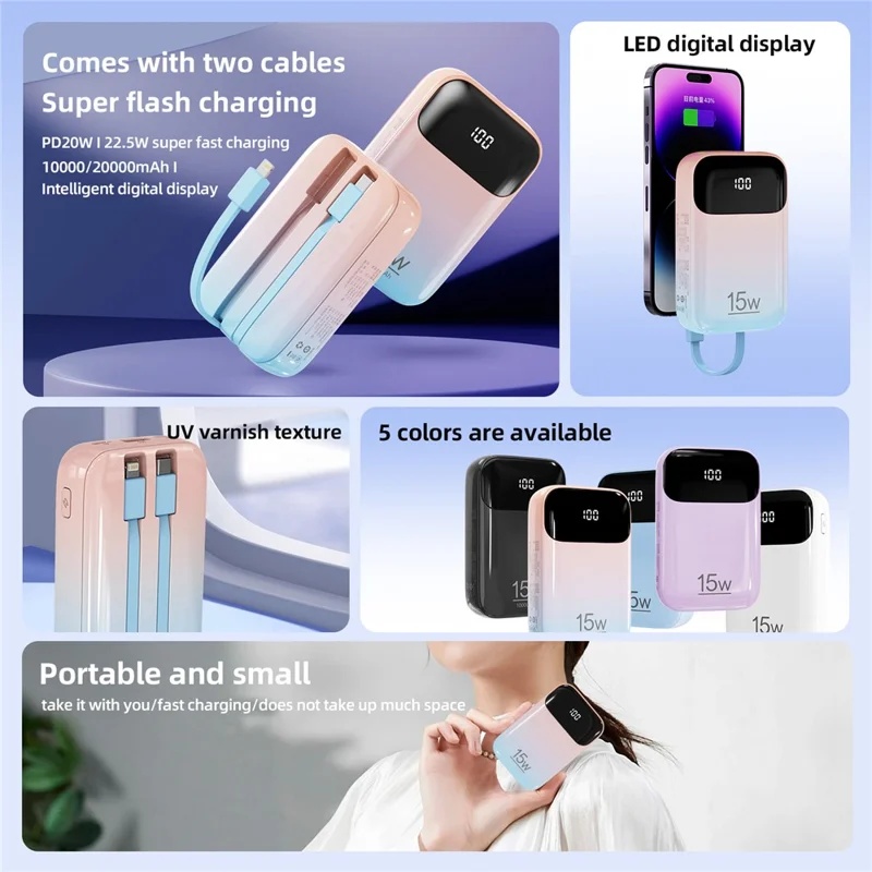 ROISKIN K0090 20000mAh Power Bank Phone Charger External Battery with iP /  Type-C Cable - Pink Blue Gradient