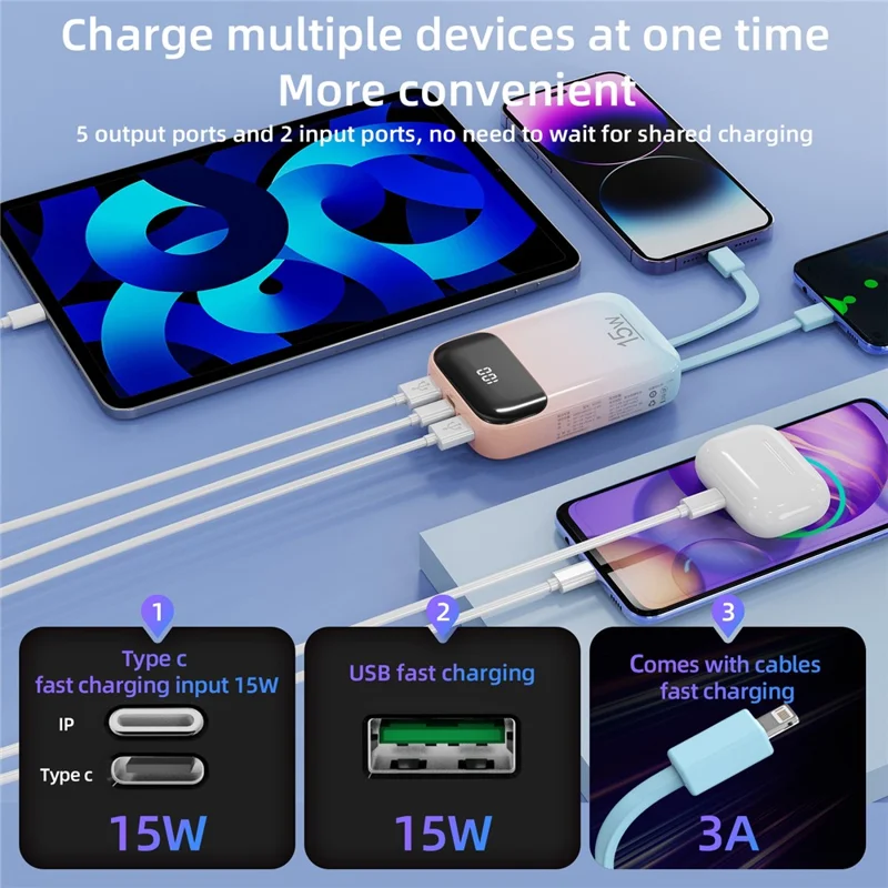 ROISKIN K0090 20000mAh Power Bank Phone Charger External Battery with iP /  Type-C Cable - Pink Blue Gradient