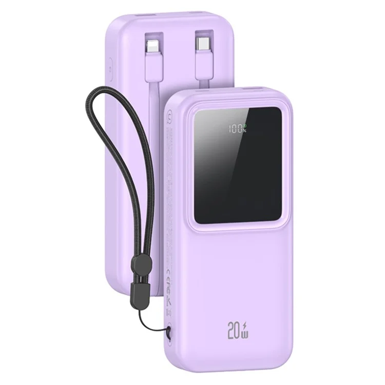 USAMS X-chel Series US-CD212 PD 20W+QC3.0 Dual-Port Digital Display Fast Charging Power Bank with Built-in 2 Cables - Purple