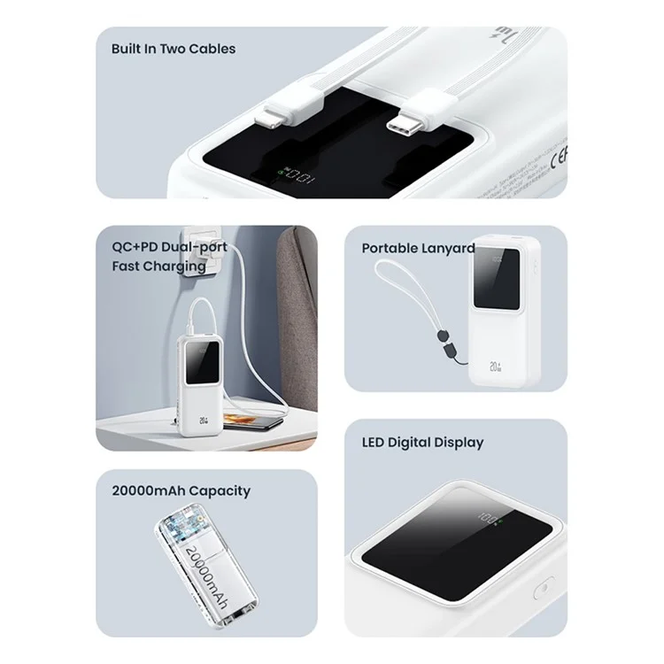USAMS X-chel Series US-CD212 PD 20W+QC3.0 Dual-Port Digital Display Fast Charging Power Bank with Built-in 2 Cables - Purple
