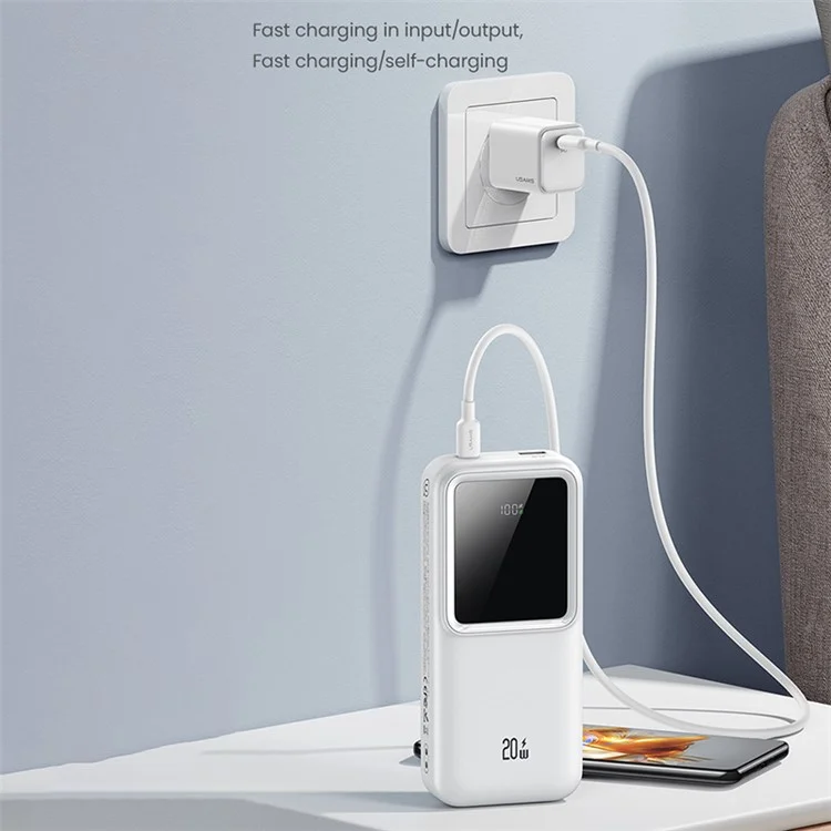 USAMS X-chel Series US-CD212 PD 20W+QC3.0 Dual-Port Digital Display Fast Charging Power Bank with Built-in 2 Cables - Purple