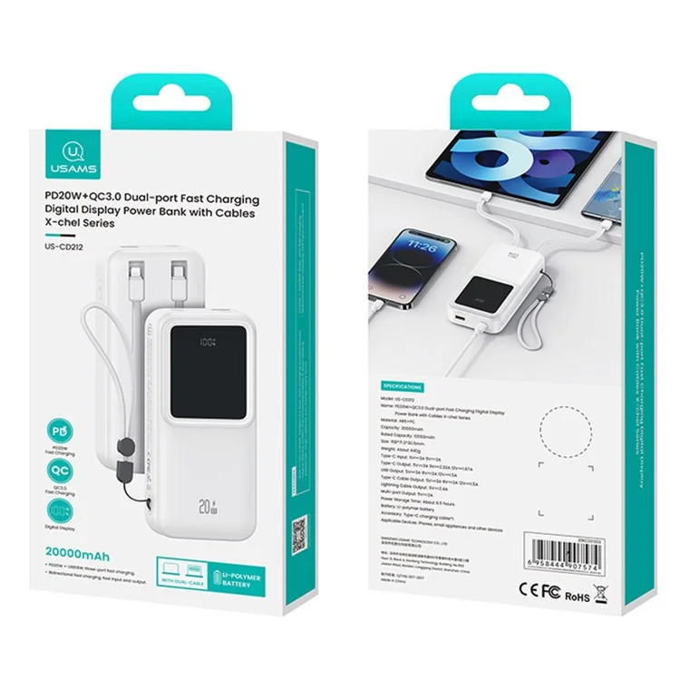 USAMS X-chel Series US-CD212 PD 20W+QC3.0 Dual-Port Digital Display Fast Charging Power Bank with Built-in 2 Cables - Purple