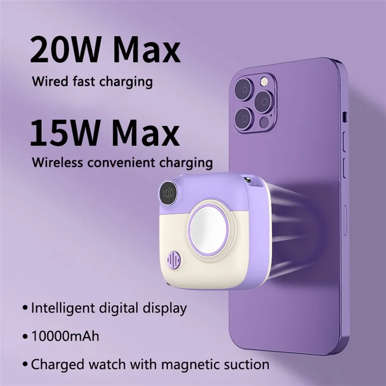 E53 Mobile Phone Portable Charger Smart Watch Mini 10000mAh Power Bank Support 15W Magnetic Wireless Charging - Purple