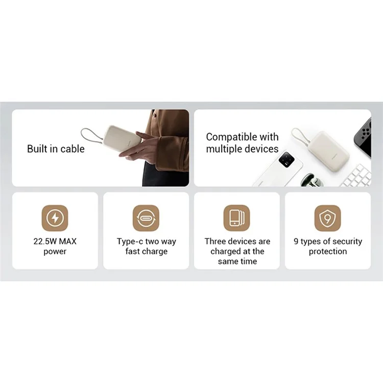 XIAOMI P15ZM Versão de bolso 10000mAh 22,5W Power Bank Bateria externa para celular com cabo Type-C - Light Coffee