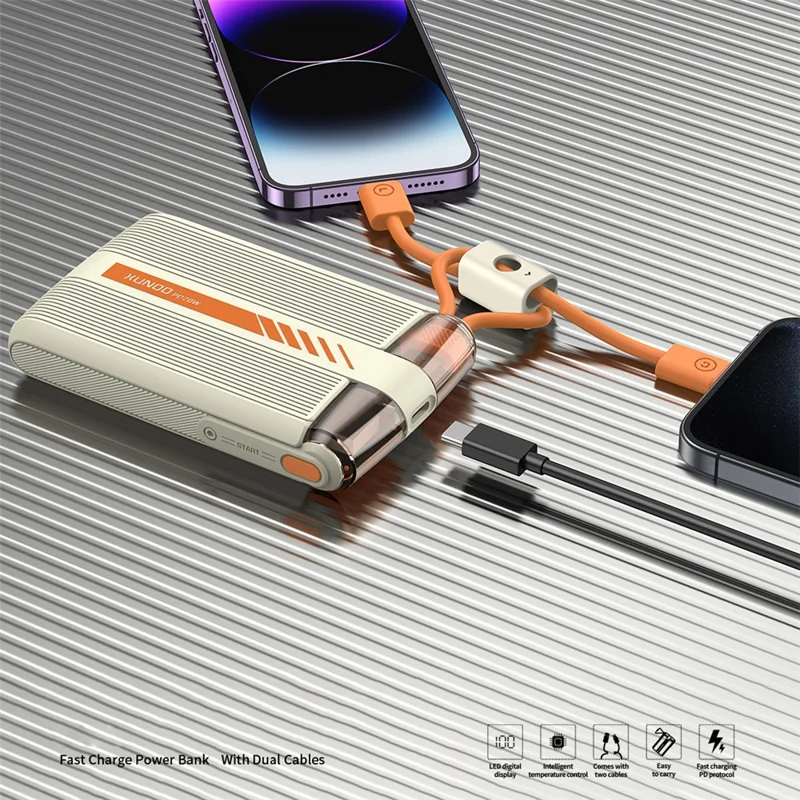 XUNDD XDCH-068 PD 20W 10000mAh Digital Display Power Bank Phone External Battery with Type-C / 8Pin Cable - Black