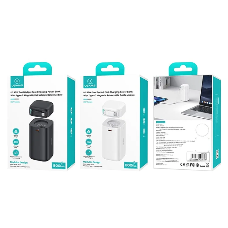USAMS US-CD216 PD 45W Power Bank Dual Type-C 18000mAh Power Station with Retractable Magnetic Cable - Black