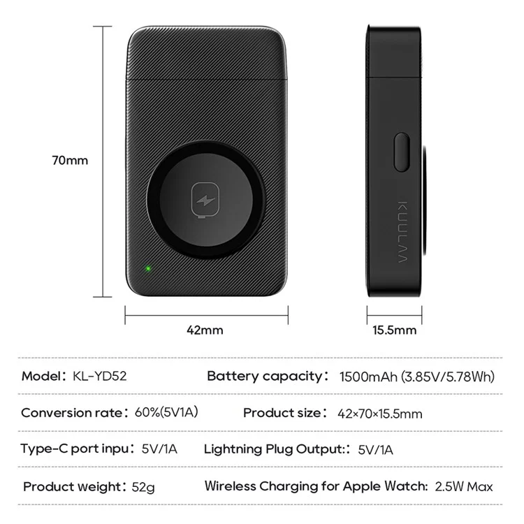 KUULAA KL-YD52 For Apple Watch 1500mAh Power Bank Magnetic Wireless Charger - Black