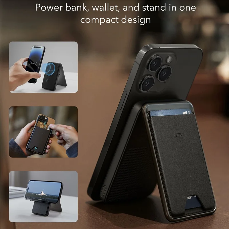ESR HaloLock 5000mAh Magnetic Wireless Power Bank 3-in-1 Phone Stand Card Case Battery Pack - Black
