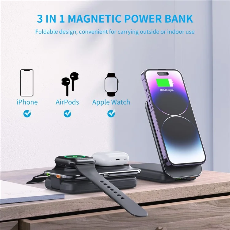 MP02 Para Iphone Iwatch AirPods Carregador Sem Fio Magnético Embutido 2 Cabos 8000mAh Power Bank