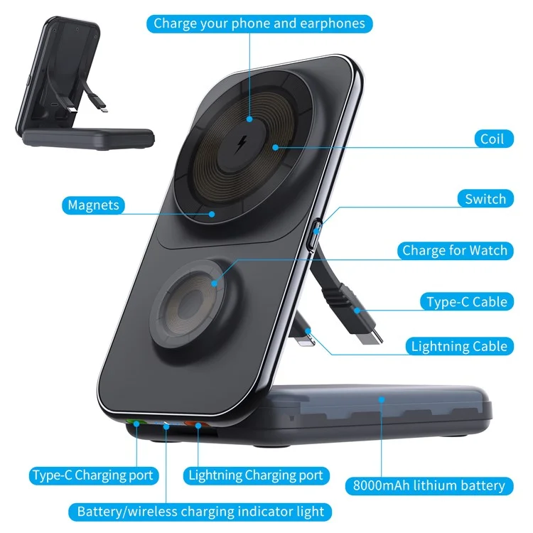 MP02 Für iPhone iWatch AirPods Magnetisches Kabelloses Ladegerät Mit eingebauten 2 Kabeln 8000mAh Powerbank