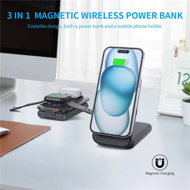 MP02 Für iPhone iWatch AirPods Magnetisches Kabelloses Ladegerät Mit eingebauten 2 Kabeln 8000mAh Powerbank