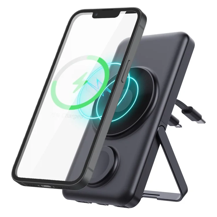 MP03 Para iPhone iWatch AirPods Powerbank Inalámbrico Magnético de 10000mAh con Soporte y 2 Cables - Negro