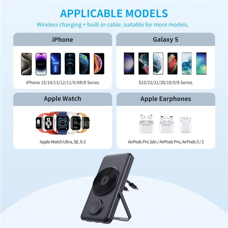 MP03 Para iPhone iWatch AirPods Powerbank Inalámbrico Magnético de 10000mAh con Soporte y 2 Cables - Negro