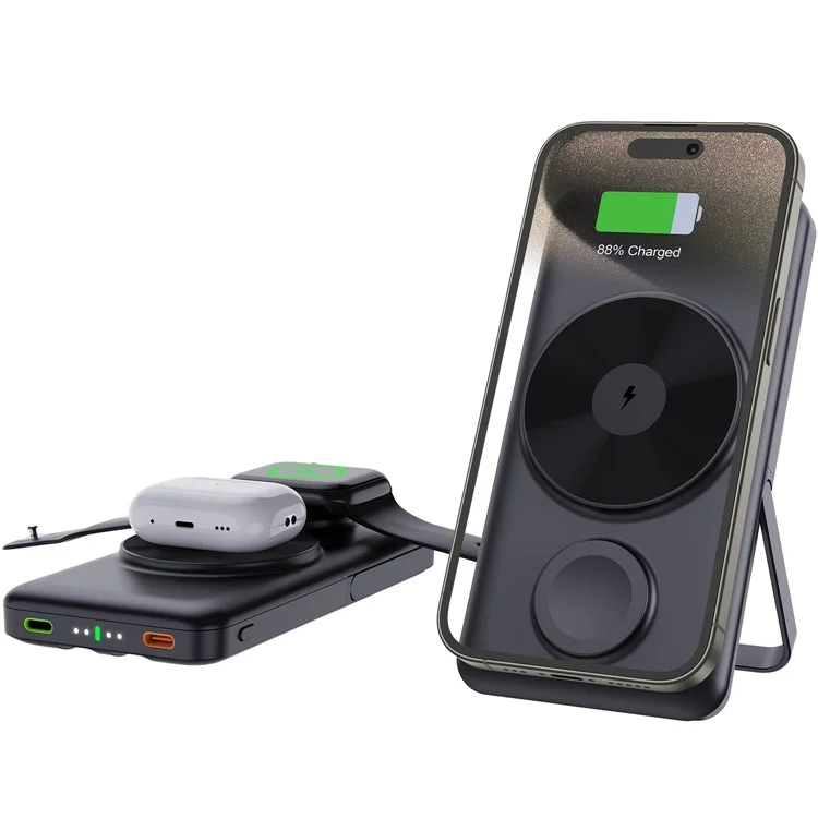 MP03 Para iPhone iWatch AirPods Powerbank Inalámbrico Magnético de 10000mAh con Soporte y 2 Cables - Negro