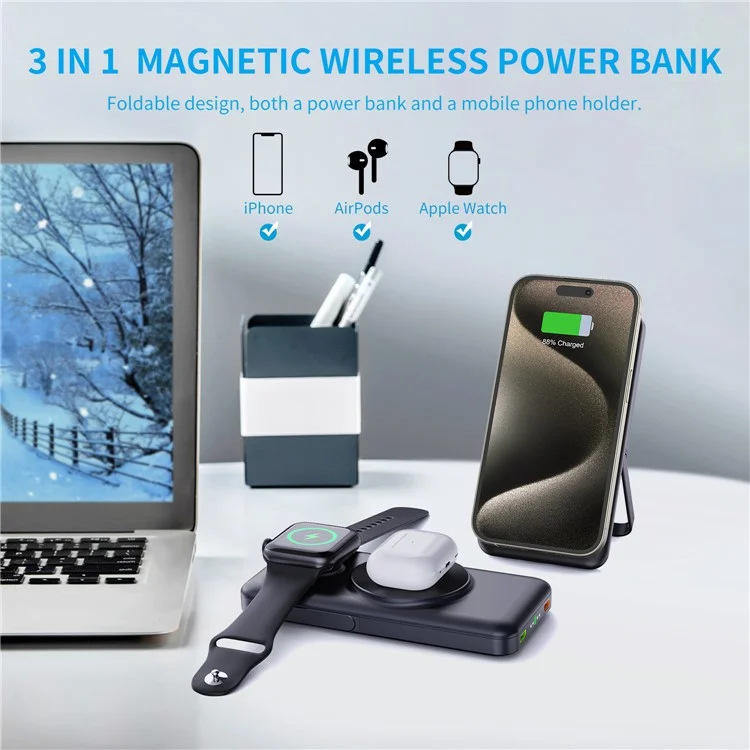 MP03 Para iPhone iWatch AirPods Powerbank Inalámbrico Magnético de 10000mAh con Soporte y 2 Cables - Negro