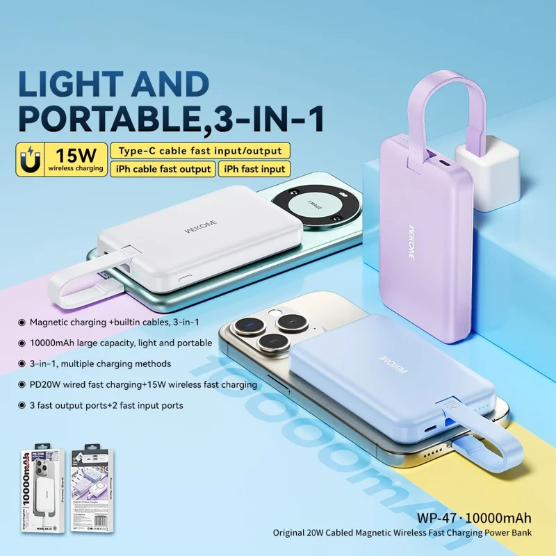 WEKOME WP-47 20W Magnetic Wireless Fast Charging Power Bank Phone Battery with Built-in Cable - Purple