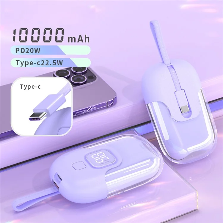 D07 10000mAh 22.5W Power Bank Phone External Battery with Built-in Cable - Purple / Type-C Cable