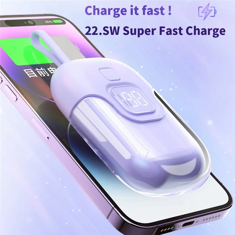 D07 10000mAh 22.5W Power Bank Phone External Battery with Built-in Cable - Purple / Type-C Cable