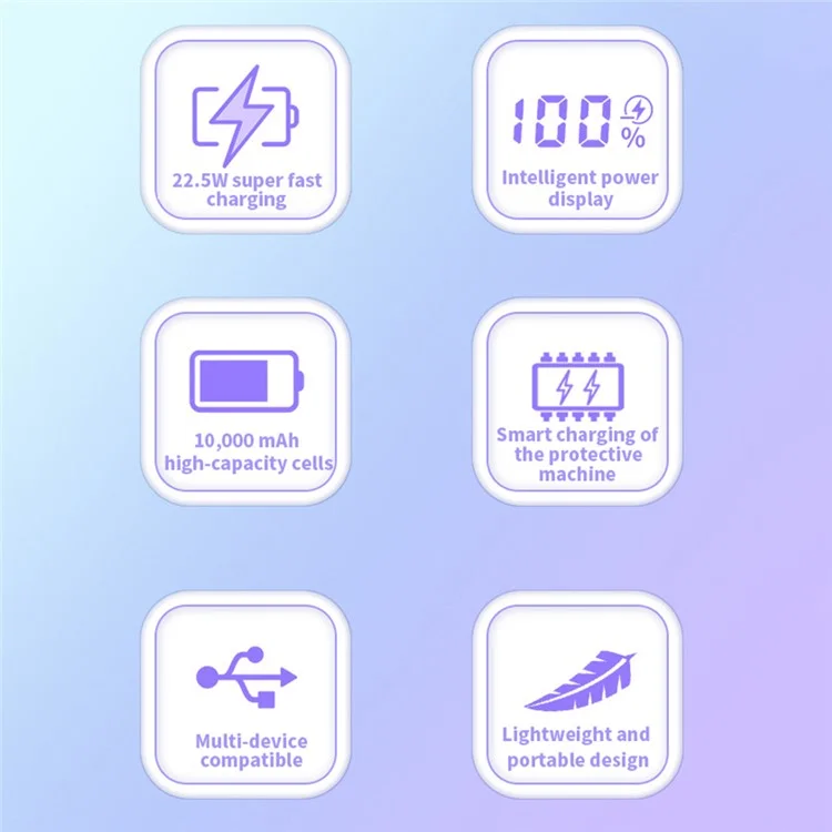 D07 10000mAh 22.5W Power Bank Phone External Battery with Built-in Cable - Purple / Type-C Cable