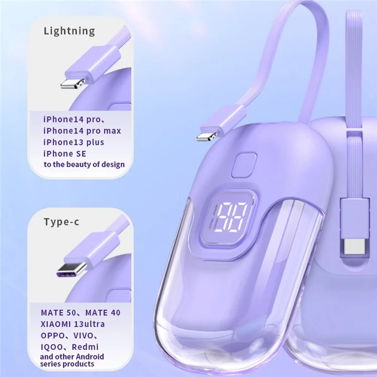 D07 10000mAh 22.5W Power Bank Phone External Battery with Built-in Cable - Purple / Type-C Cable