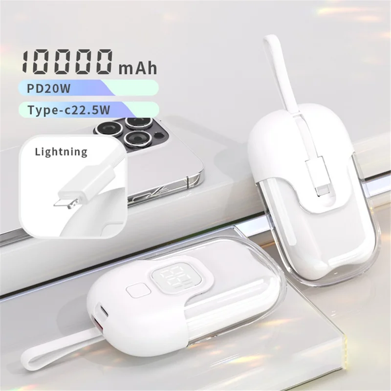 D07 10000mAh 22.5W Power Bank Phone External Battery with Built-in Cable - White / 8Pin Cable