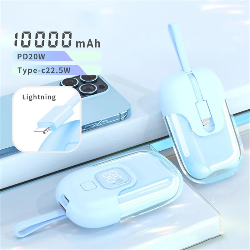 D07 10000mAh 22.5W Power Bank Phone External Battery with Built-in Cable - Blue / 8Pin Cable