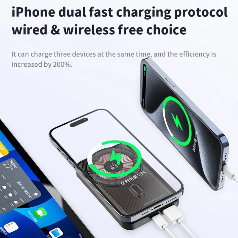 H19 10000mAh Power Bank 15W Magnetic Wireless Charging Charger with Kickstand - Black