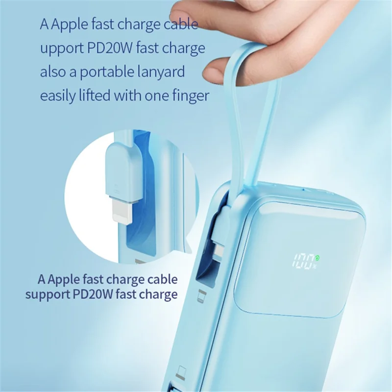 JOWAY JP313 20000mAh Digital Display Power Bank Built-in Type-C / 8Pin Cable Phone External Battery - White