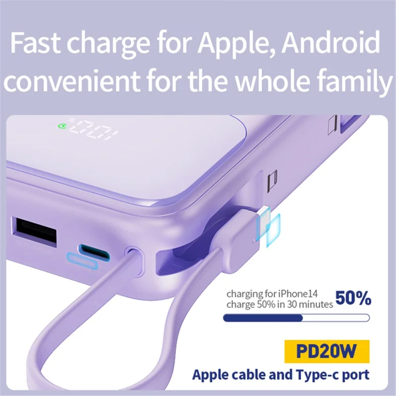 JOWAY JP313 20000mAh Digital Display Power Bank Built-in Type-C / 8Pin Cable Phone External Battery - White