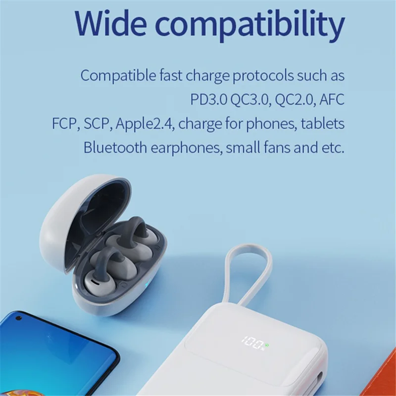 JOWAY JP313 20000mAh Digital Display Power Bank Built-in Type-C / 8Pin Cable Phone External Battery - White