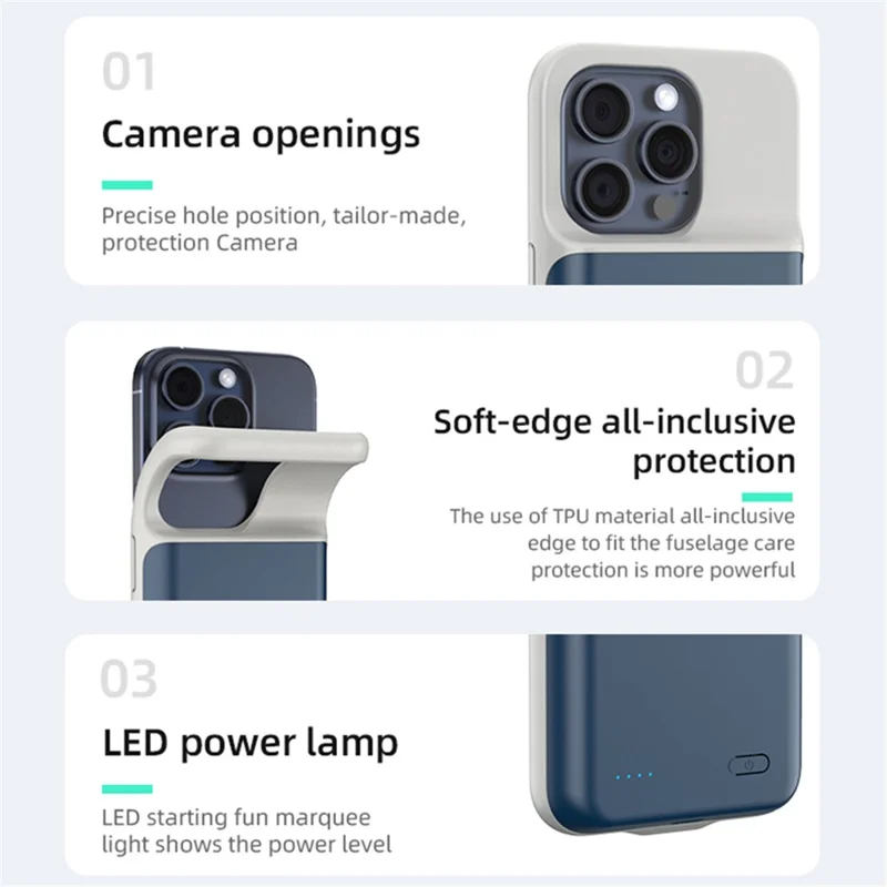 For iPhone 15 6800mAh Battery Case Rechargeable Charging Backup Cover - White