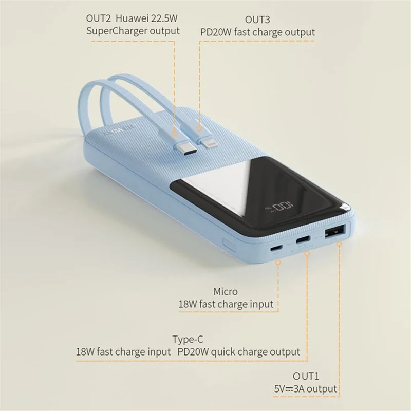 JOWAY JP311 Batterie Externe 10000mAh PD 20W Charge Rapide Batterie Portable avec Câbles Intégrés - Bleu