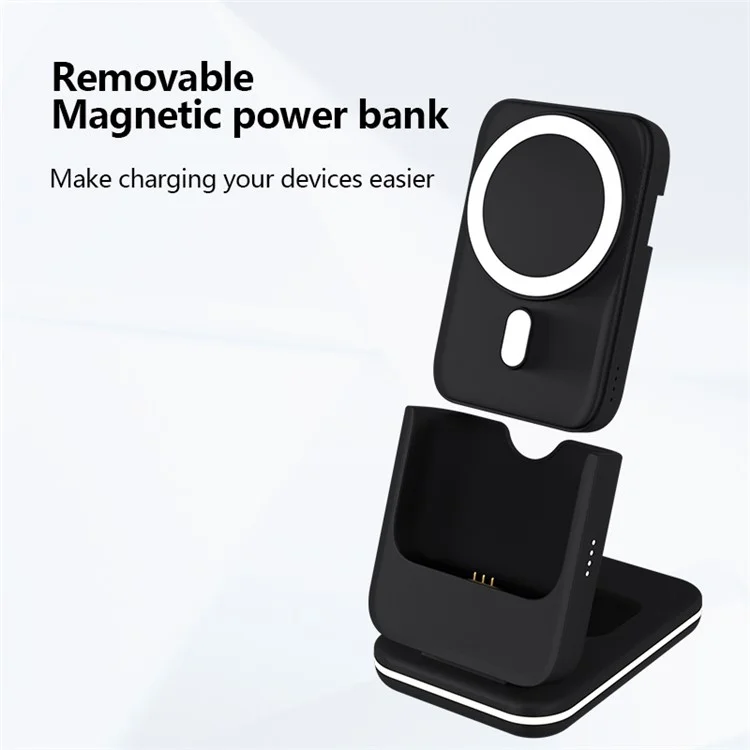 Bateria portátil magnética de 5000mAh para telefone, relógio e fone de ouvido - Carregador sem fio - Preto