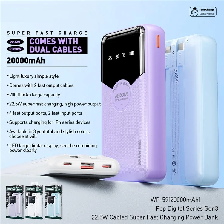 Wekome WP-59 Pop Digital Series Gen3 20000mAh 22.5W Super Fast Charging Power Bank Com Cabo Embutido - Roxo