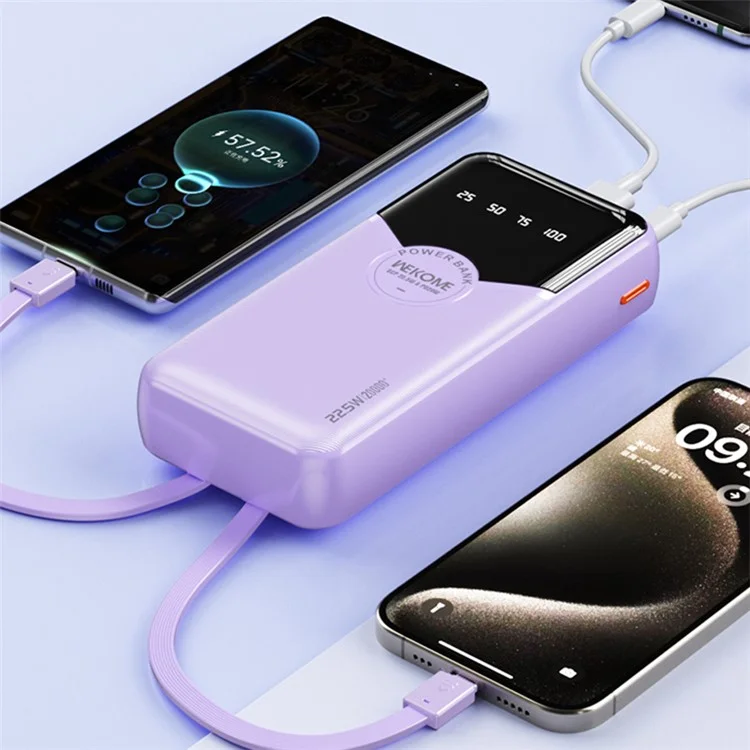 Wekome WP-59 Pop Digital Series Gen3 20000mAh 22.5W Super Fast Charging Power Bank Com Cabo Embutido - Roxo