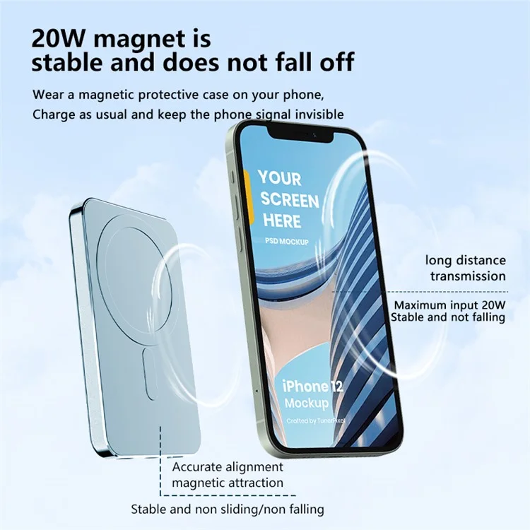 C11, Совместим с Портативным Зарядным Устройством Magsafe 20W Magnetic Wireless Power Bank 10000mah Мобильное Зарядное Устройство - Черный