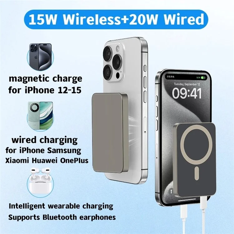 E61B 10000mah Magnetic Wireless Power Bank 2-in-1 Portable Phone External Battery Pack - White