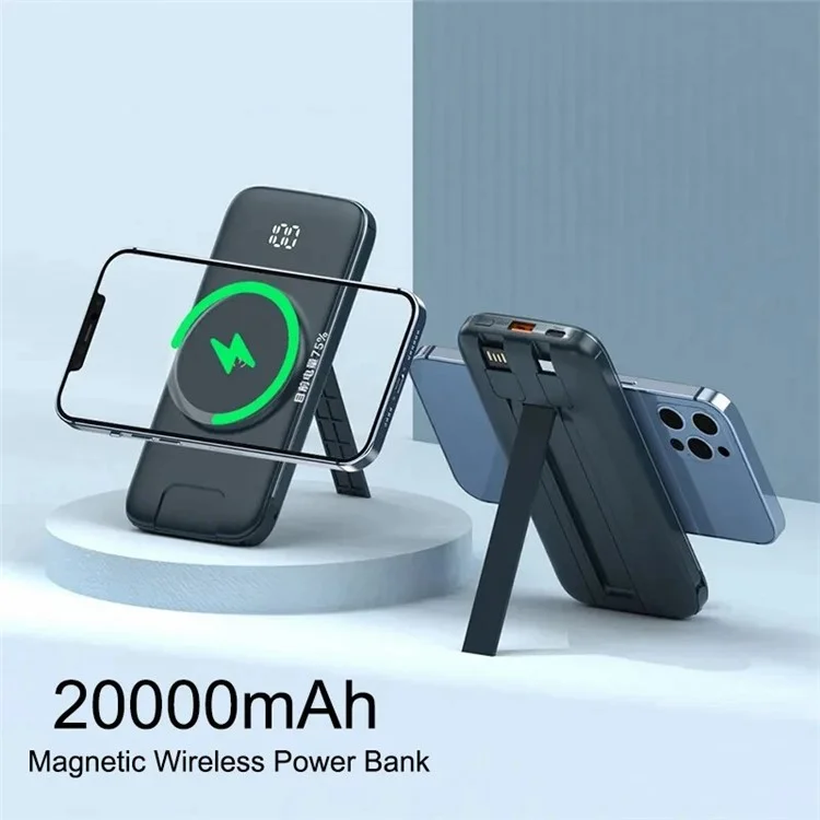 CYKE P3 Batterie Externe 20000mAh Affichage Numérique Avec 4 Câbles Intégrés Chargeur Téléphone Sans Fil Magnétique - Bleu Foncé